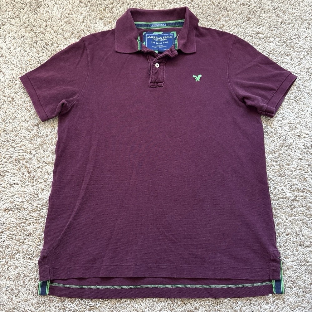 Y2k American Eagle Men's Polo Shirt Large Maroon Burgundy Vintage Fit Green Logo